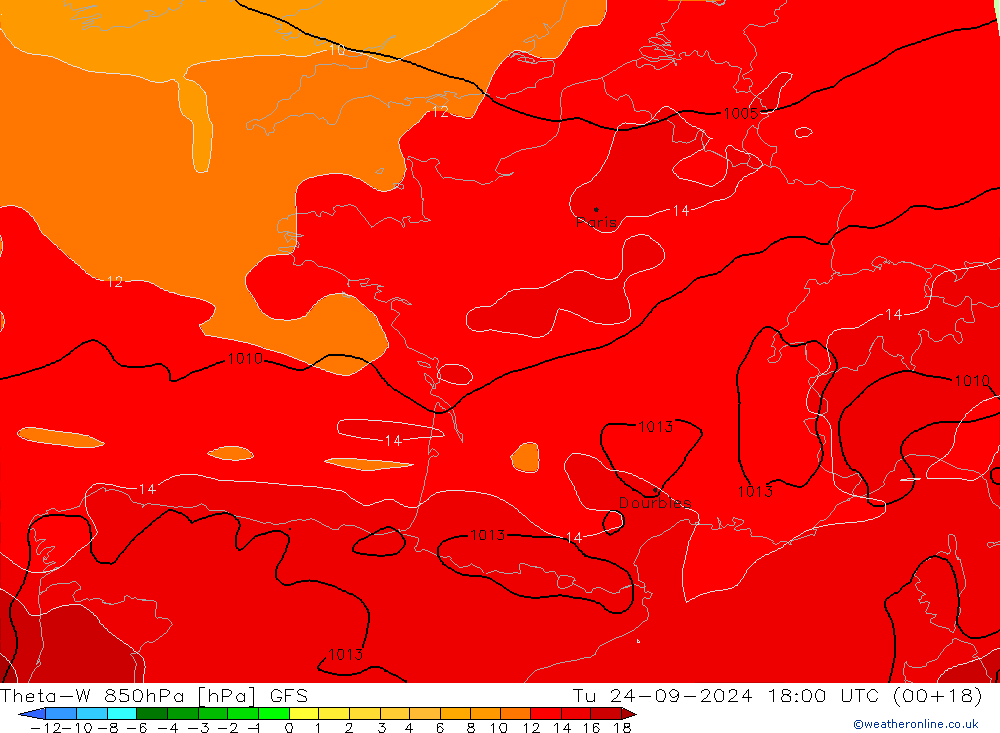 Theta-W 850hPa GFS  24.09.2024 18 UTC