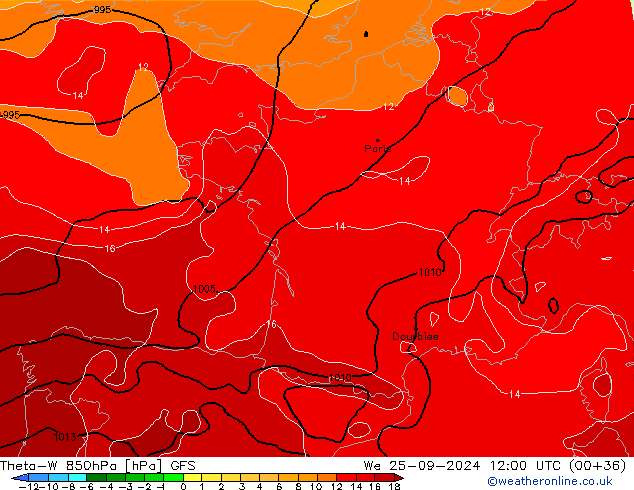 Theta-W 850hPa GFS śro. 25.09.2024 12 UTC