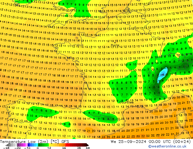 Temperature Low (2m) GFS We 25.09.2024 00 UTC