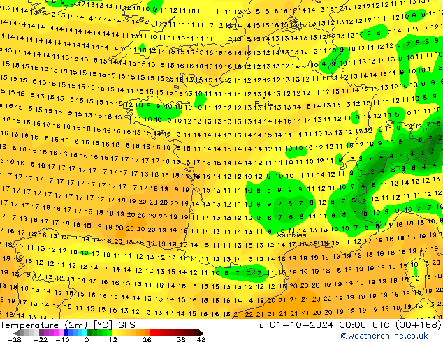 mapa temperatury (2m) GFS październik 2024