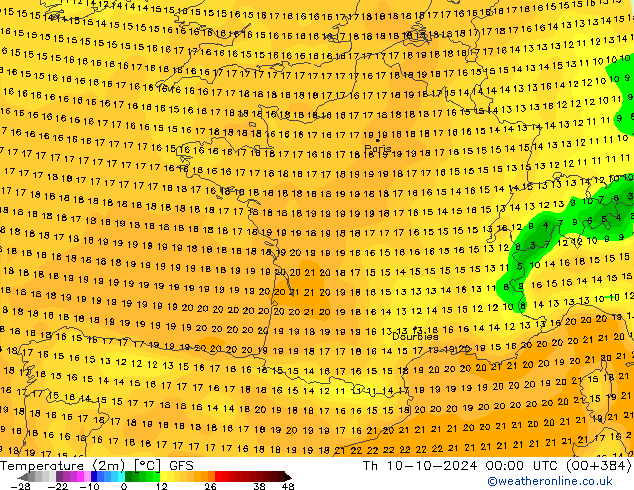 Temperatura (2m) GFS gio 10.10.2024 00 UTC