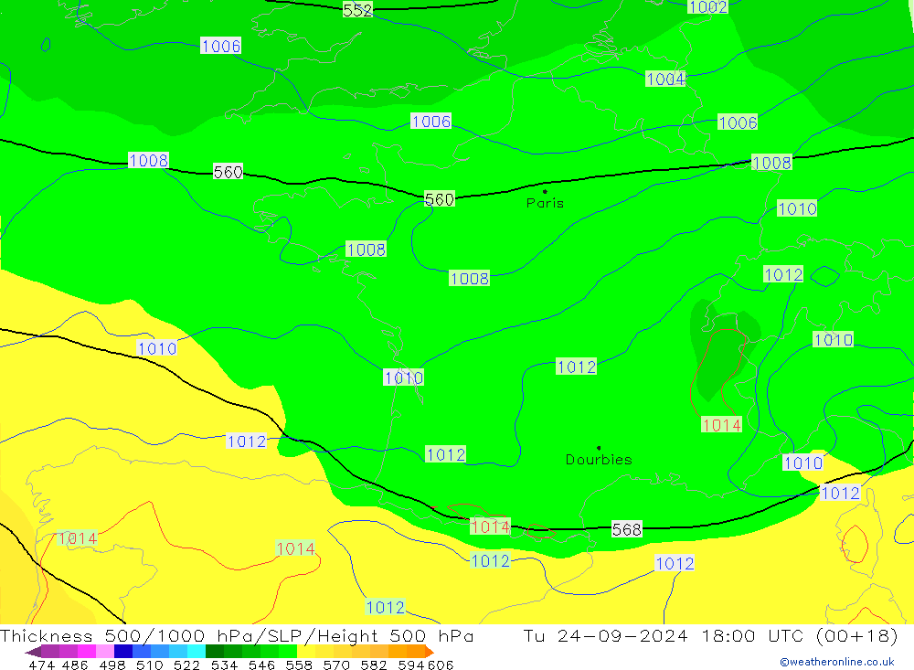 Thck 500-1000гПа GFS вт 24.09.2024 18 UTC