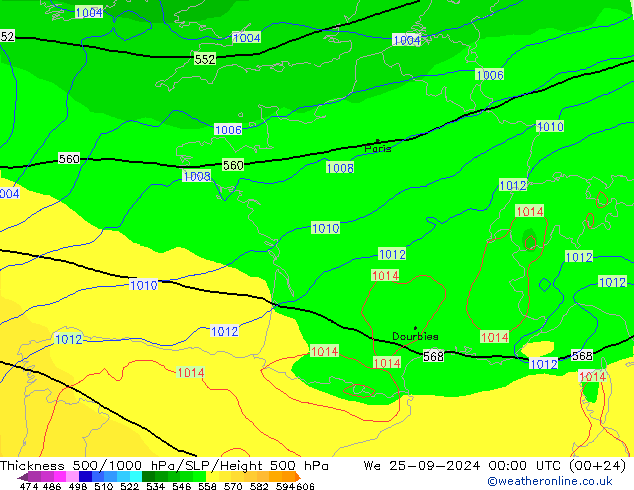 Espesor 500-1000 hPa GFS mié 25.09.2024 00 UTC