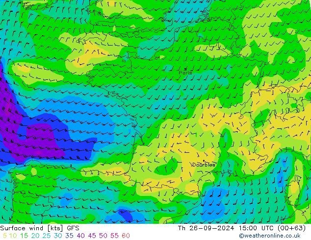 Vento 10 m GFS gio 26.09.2024 15 UTC