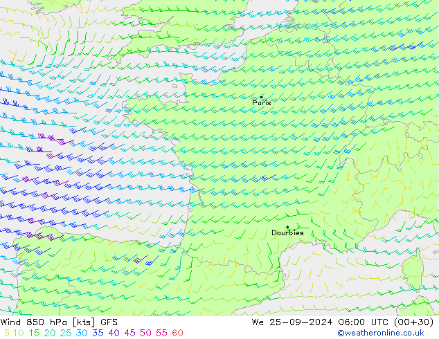 Wind 850 hPa GFS We 25.09.2024 06 UTC