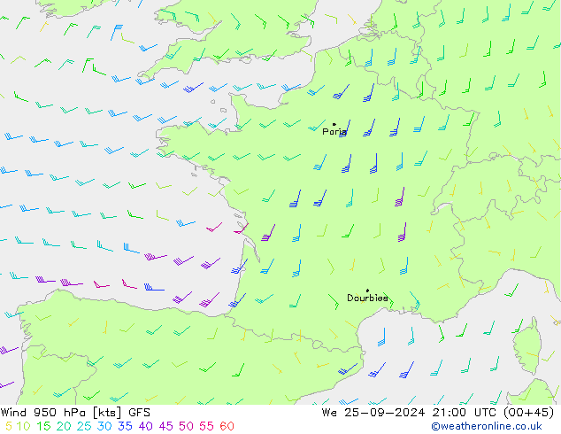 Wind 950 hPa GFS We 25.09.2024 21 UTC