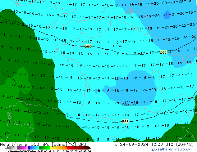 Height/Temp. 500 hPa GFS Út 24.09.2024 12 UTC