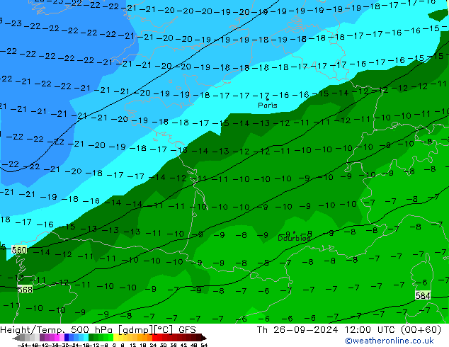 Height/Temp. 500 hPa GFS Qui 26.09.2024 12 UTC