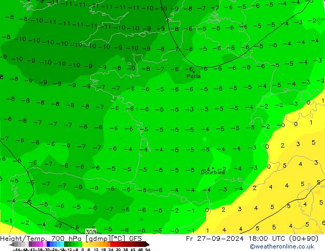 Geop./Temp. 700 hPa GFS vie 27.09.2024 18 UTC