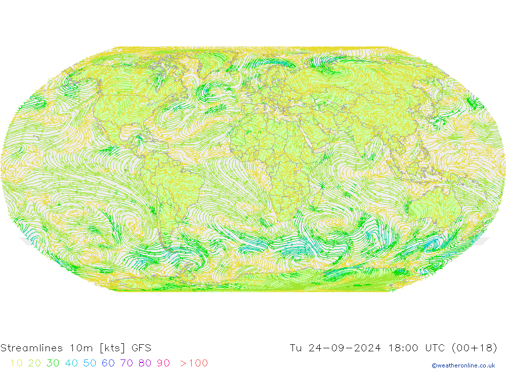 Streamlines 10m GFS Út 24.09.2024 18 UTC