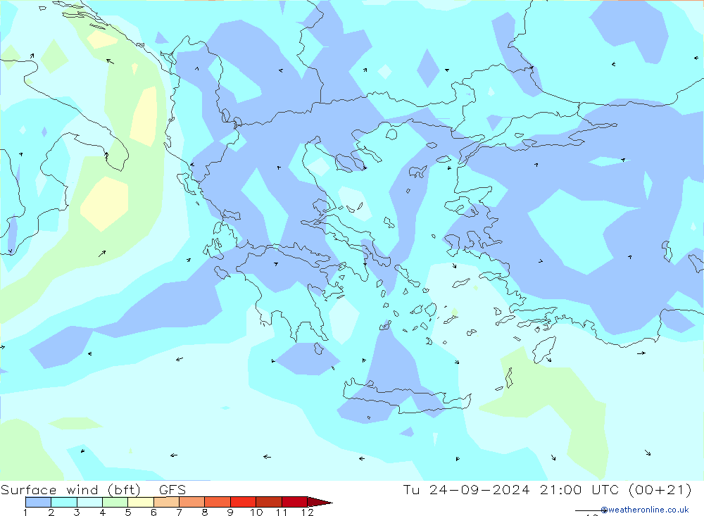 Rüzgar 10 m (bft) GFS Sa 24.09.2024 21 UTC