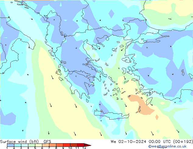 Surface wind (bft) GFS We 02.10.2024 00 UTC