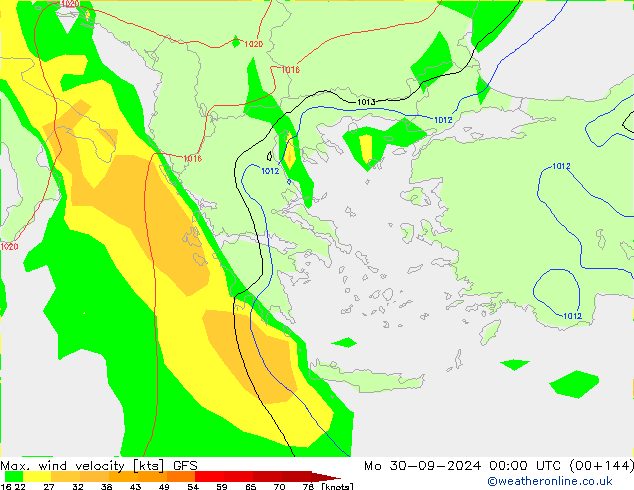 Max. wind velocity GFS pon. 30.09.2024 00 UTC