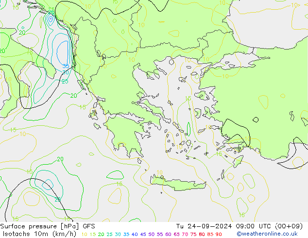 Isotachs (kph) GFS Tu 24.09.2024 09 UTC