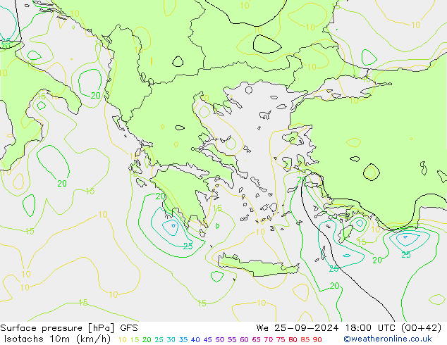 Isotachs (kph) GFS We 25.09.2024 18 UTC