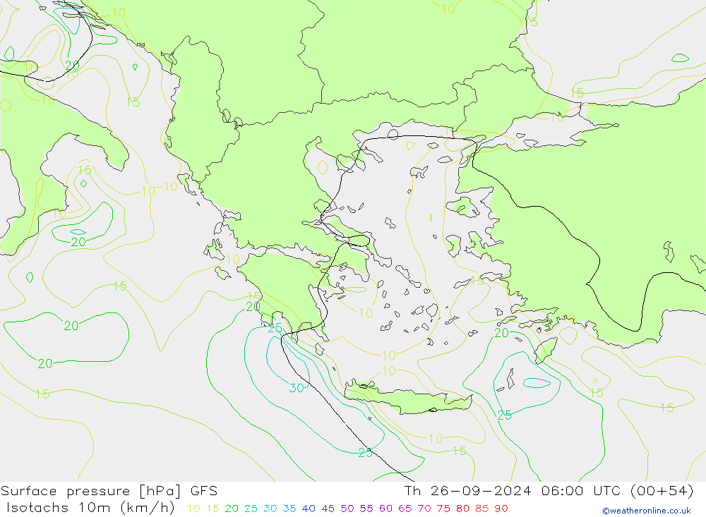 Isotachs (kph) GFS gio 26.09.2024 06 UTC