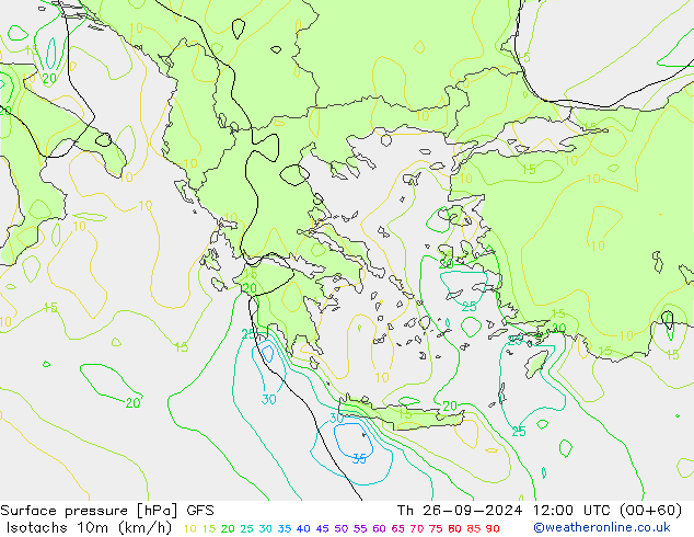 Isotachs (kph) GFS  26.09.2024 12 UTC