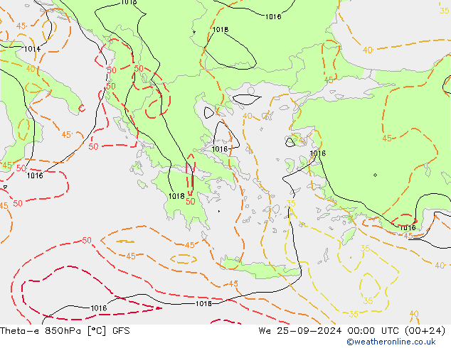 Theta-e 850hPa GFS mer 25.09.2024 00 UTC