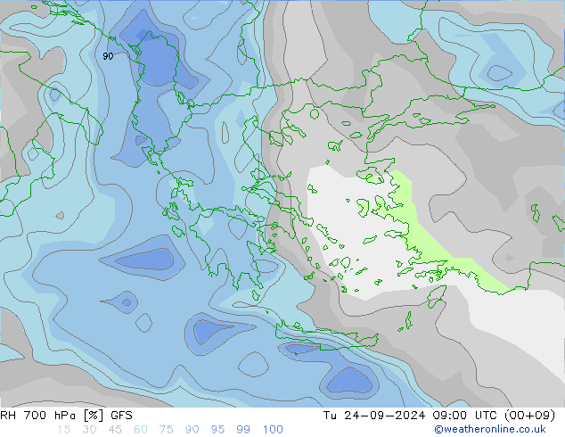 RH 700 hPa GFS Út 24.09.2024 09 UTC