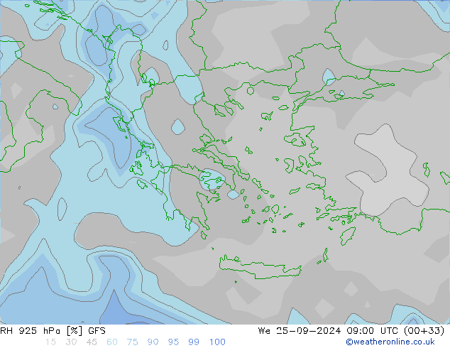 RH 925 hPa GFS Qua 25.09.2024 09 UTC