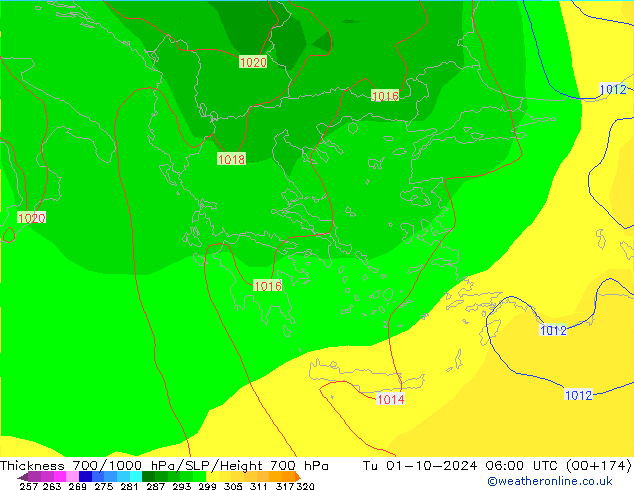 Thck 700-1000 hPa GFS Út 01.10.2024 06 UTC