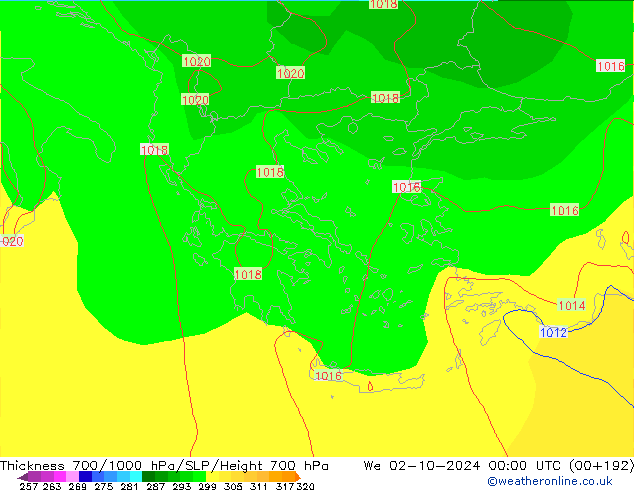 Thck 700-1000 hPa GFS Qua 02.10.2024 00 UTC