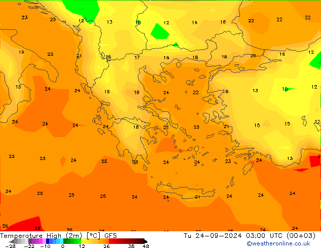 Temperature High (2m) GFS Tu 24.09.2024 03 UTC