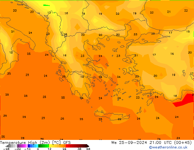 Temp. massima (2m) GFS mer 25.09.2024 21 UTC