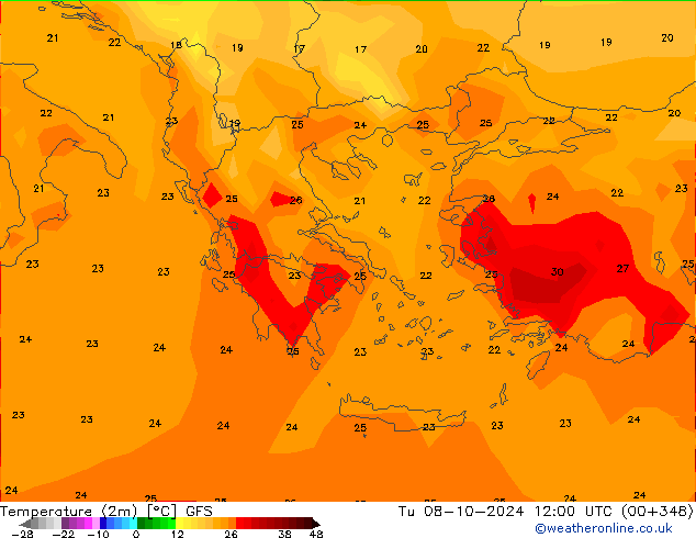 Temperature (2m) GFS Tu 08.10.2024 12 UTC