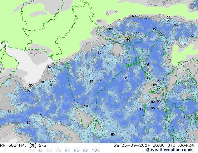 300 hPa Nispi Nem GFS Çar 25.09.2024 00 UTC