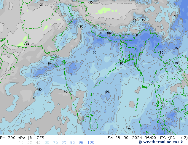 RH 700 hPa GFS Sa 28.09.2024 06 UTC