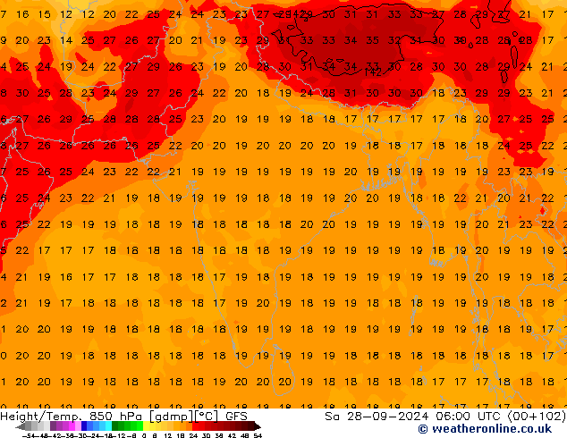 Height/Temp. 850 гПа GFS сб 28.09.2024 06 UTC