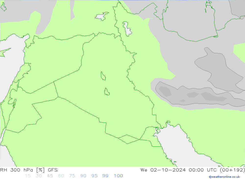 RH 300 hPa GFS We 02.10.2024 00 UTC