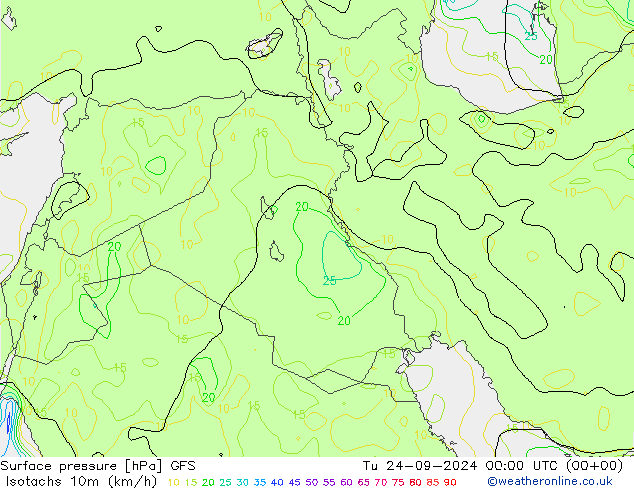 Eşrüzgar Hızları (km/sa) GFS Sa 24.09.2024 00 UTC