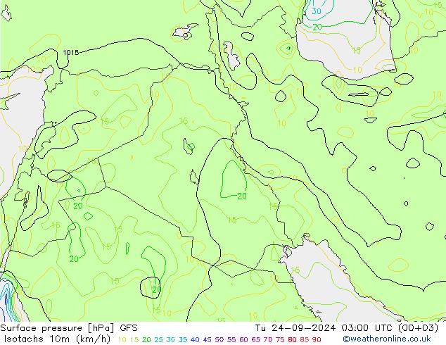 Isotachs (kph) GFS Tu 24.09.2024 03 UTC