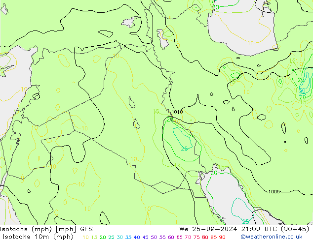 Isotaca (mph) GFS mié 25.09.2024 21 UTC