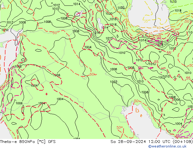 Theta-e 850hPa GFS so. 28.09.2024 12 UTC