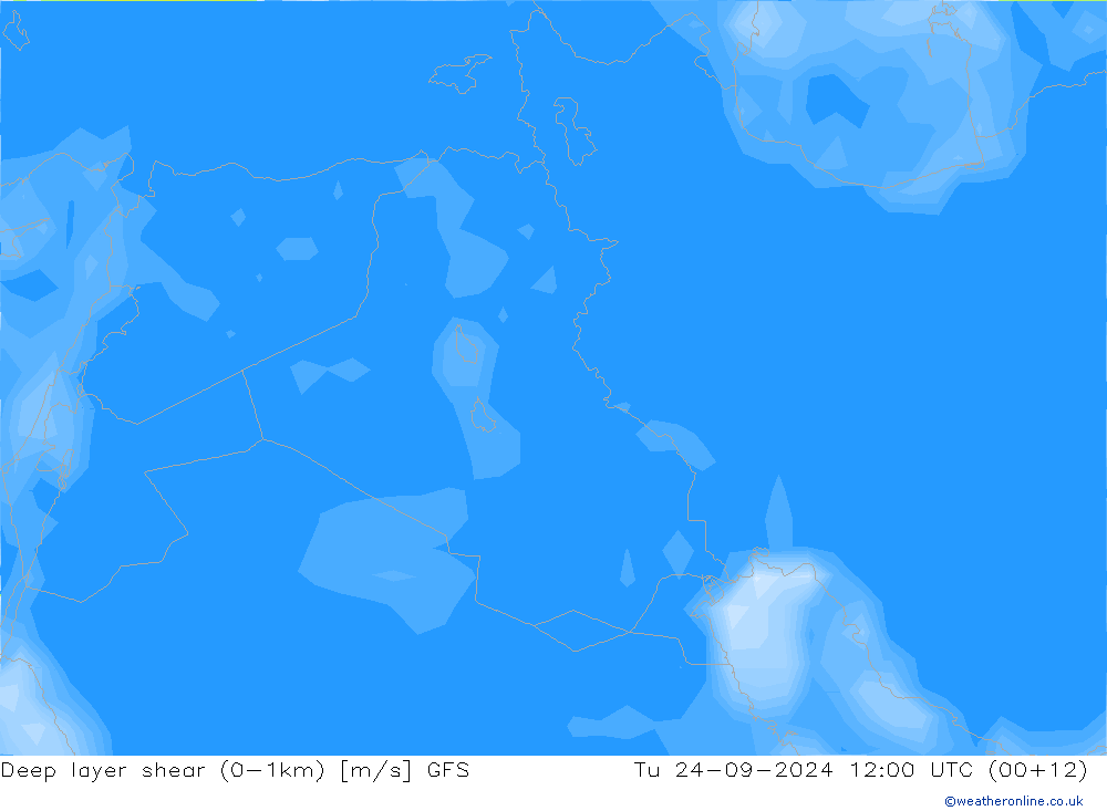 Deep layer shear (0-1km) GFS вт 24.09.2024 12 UTC