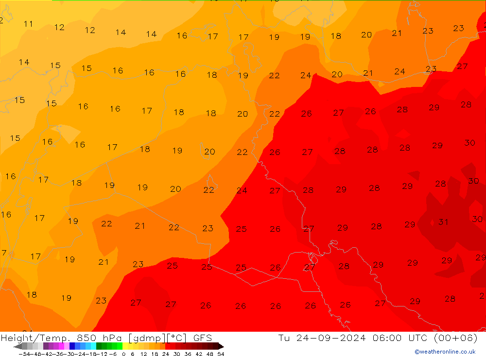 Height/Temp. 850 hPa GFS  24.09.2024 06 UTC