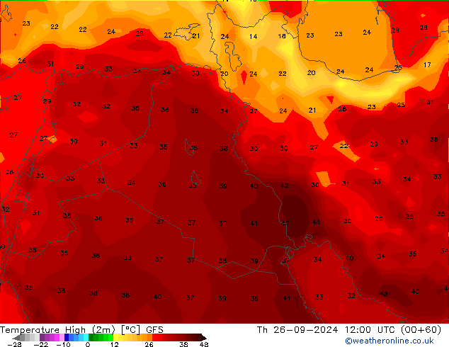 Temperature High (2m) GFS Th 26.09.2024 12 UTC