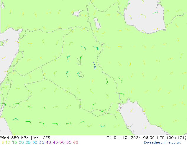 wiatr 850 hPa GFS wto. 01.10.2024 06 UTC