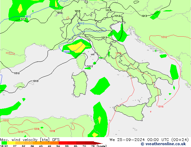 Max. wind velocity GFS We 25.09.2024 00 UTC