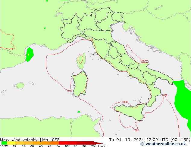 Maks. Rüzgar Hızı GFS Sa 01.10.2024 12 UTC