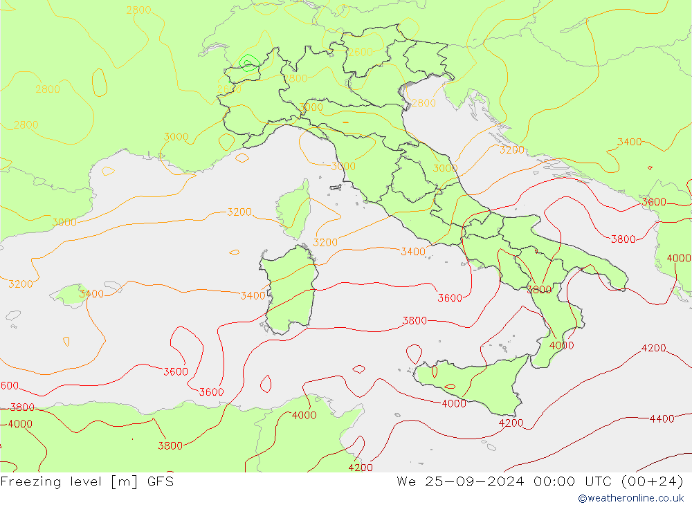 Isoterma de zero graus GFS Qua 25.09.2024 00 UTC