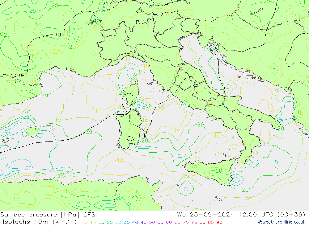 Isotachs (kph) GFS mer 25.09.2024 12 UTC