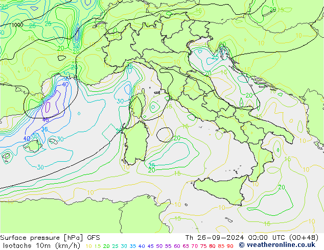 Eşrüzgar Hızları (km/sa) GFS Per 26.09.2024 00 UTC