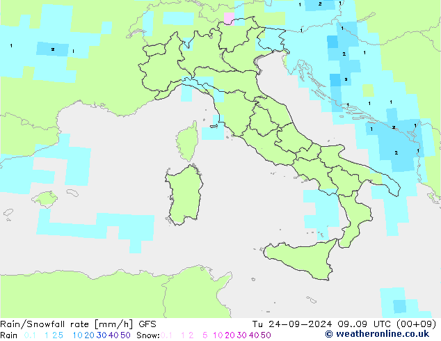 Rain/Snowfall rate GFS Út 24.09.2024 09 UTC