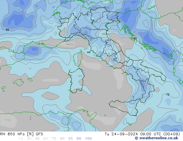 RH 850 hPa GFS Út 24.09.2024 09 UTC