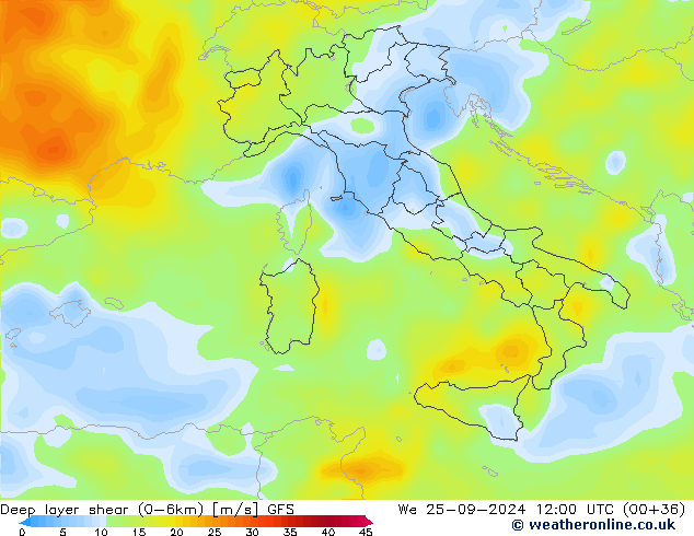 Deep layer shear (0-6km) GFS mié 25.09.2024 12 UTC