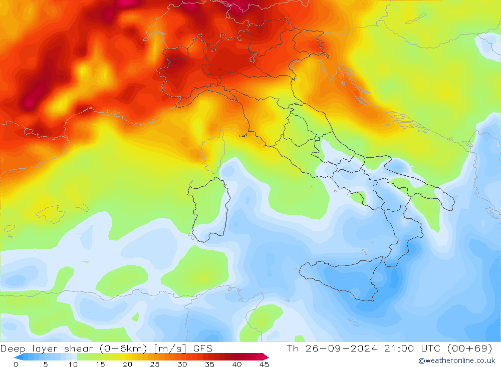 Deep layer shear (0-6km) GFS jeu 26.09.2024 21 UTC